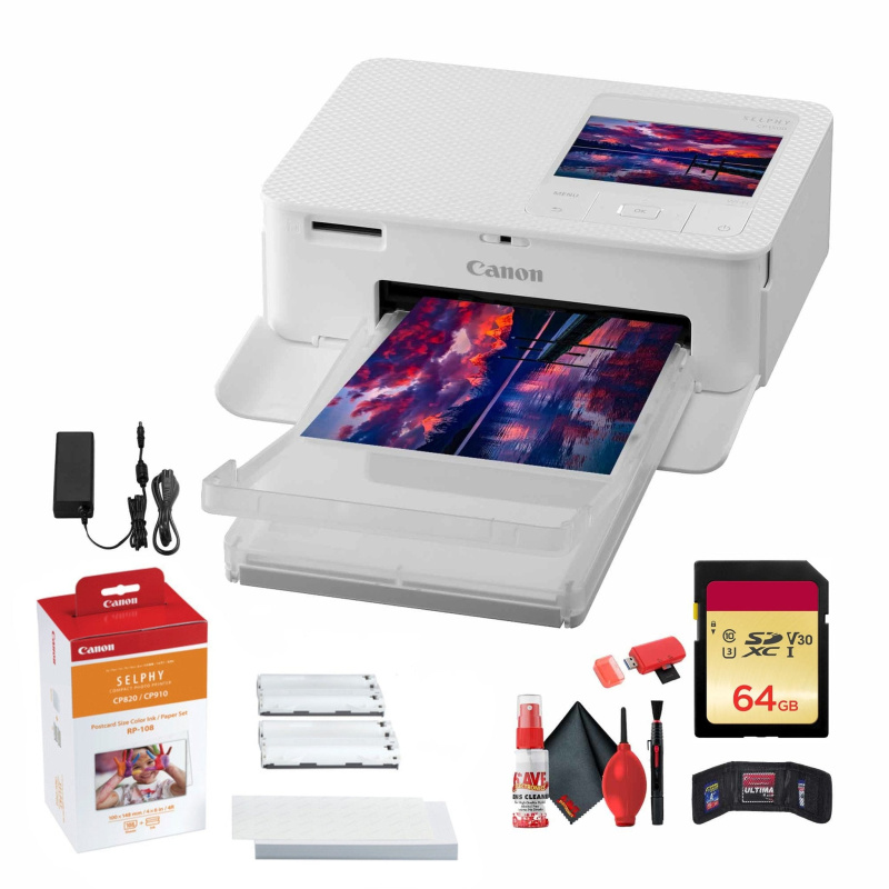 Canon SELPHY CP1500 Photo Printer (White) + Canon RP-108 Color Ink and Paper Set + More Bundle (International Model)