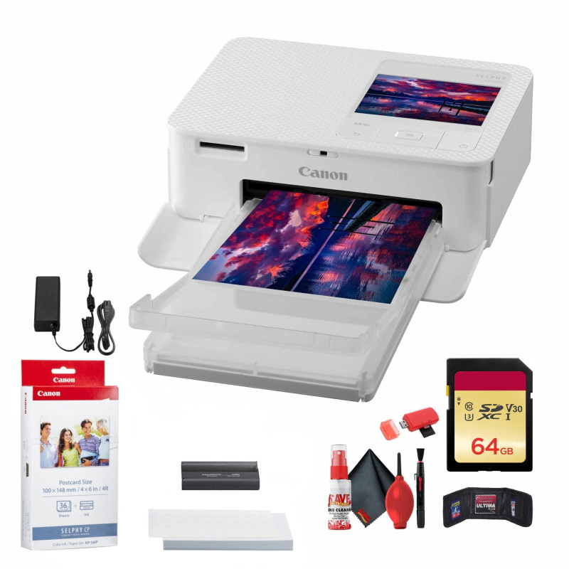 Canon SELPHY CP1500 Photo Printer (White) + Canon KP-36IP Color Ink and Paper Set + More Bundle (International Model)