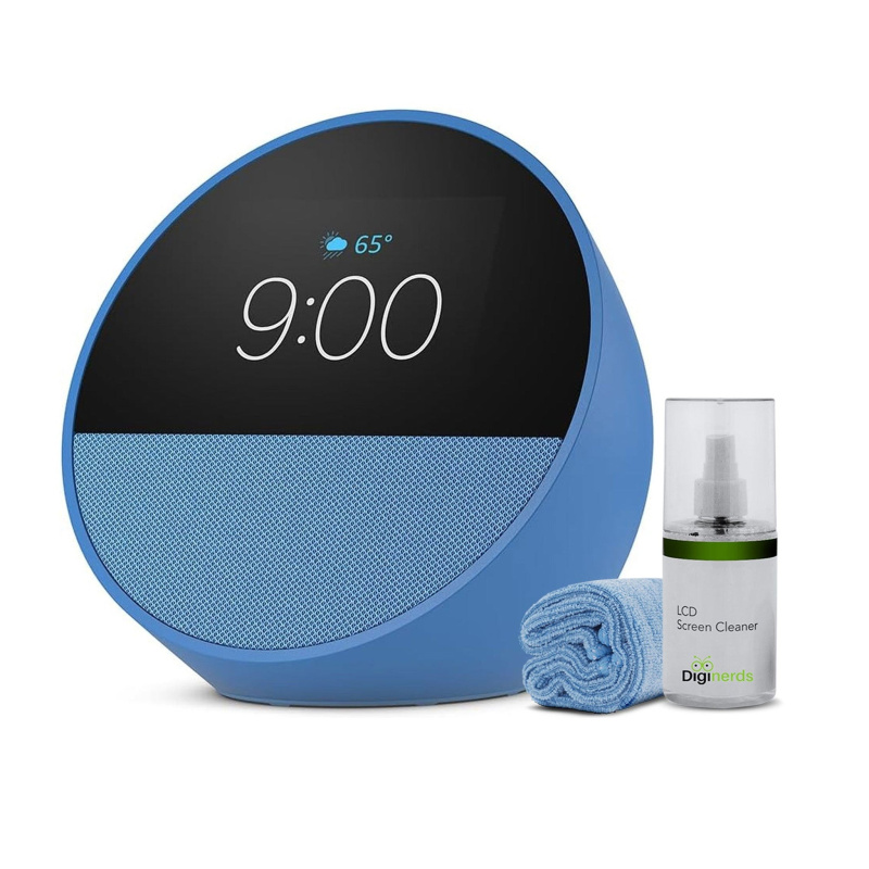 Echo Spot (2024) Smart alarm clock w/ vibrant sound and Alexa -Blue + Screen Cleaning Kit