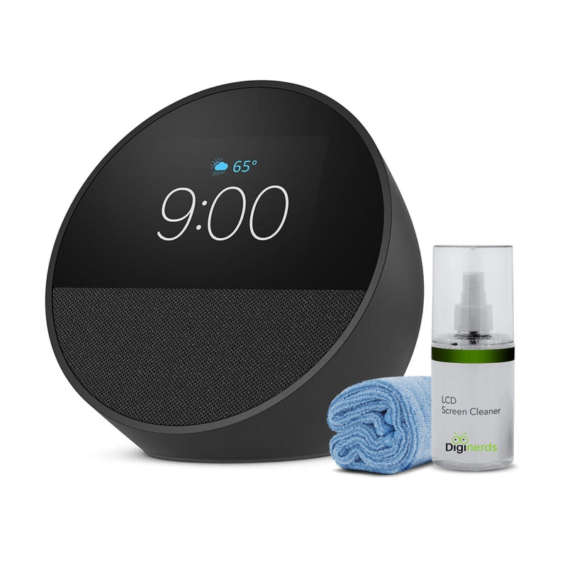 Echo Spot (2024) Smart alarm clock w/ vibrant sound and Alexa - Black + Screen Cleaning Kit
