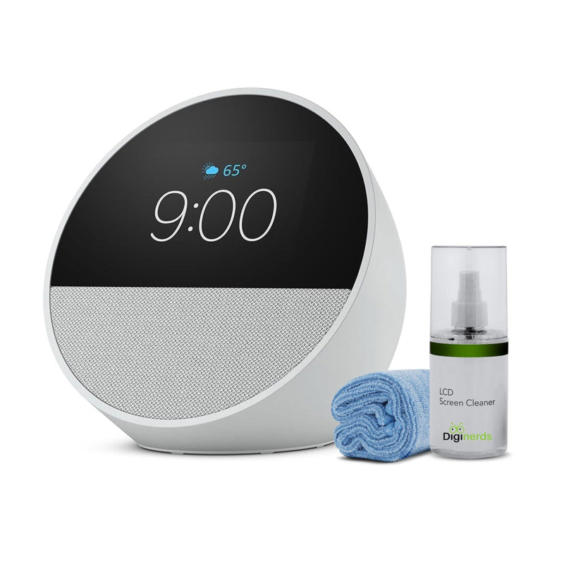 Echo Spot (2024) Smart alarm clock w/ vibrant sound and Alexa -White + Screen Cleaning Kit