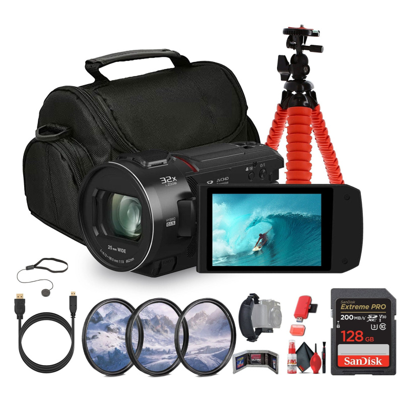 Panasonic HC-VX3 UHD 4K Lightweight Camcorder with 24x Zoom + 128GB Memory Card + More