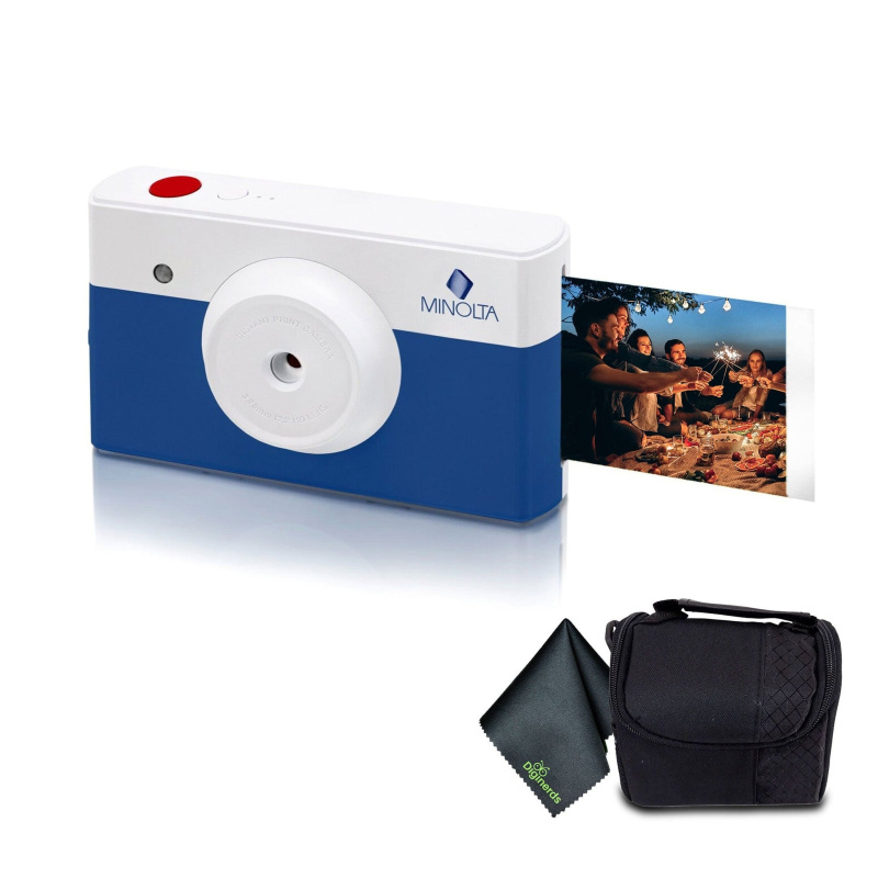 Minolta Instapix Print Camera with Printer (Blue), Camera Bag, Diginerds Microfiber Cleaning Cloth, Bundle
