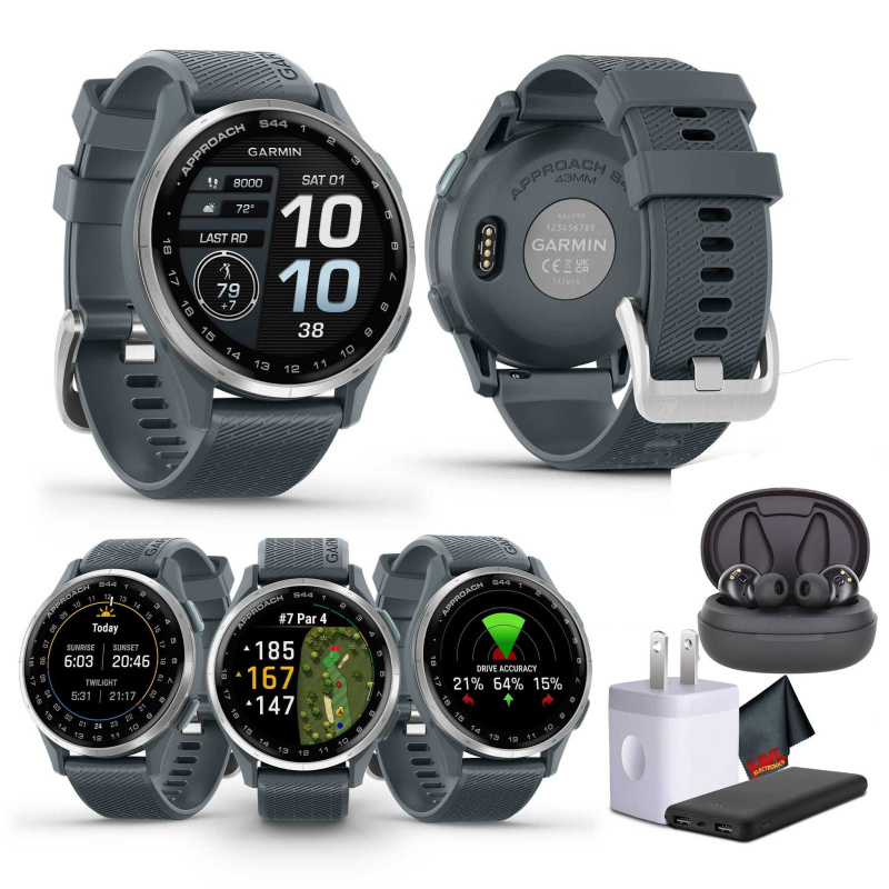 Garmin Approach S44, Silver/Twilight Silicone GPS Golf Smartwatch Bundle