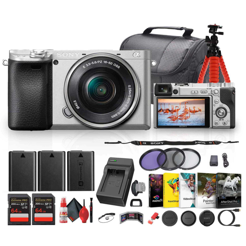 Sony a6400 Mirrorless Camera with 16-50mm f/3.5-5.6 II Lens (Silver) - Bundle