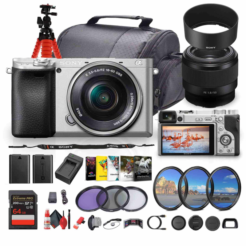 Sony a6400 Mirrorless Camera with 16-50mm f/3.5-5.6 II Lens (Silver) - Bundle