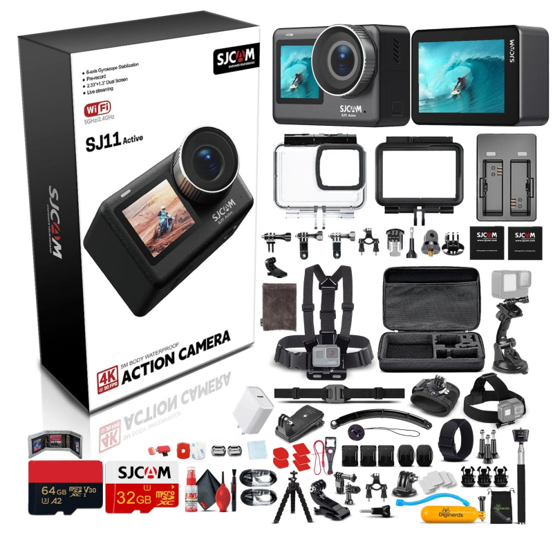 SJCAM SJ11 Active 4K Dual Touchscreen Action Camera Accessory Bundle