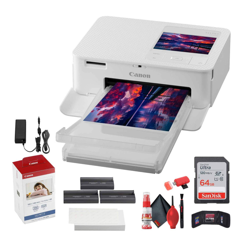 Canon SELPHY CP1500 Photo Printer (White) + Canon Color Ink and Paper Set + More Bundle (International Model)