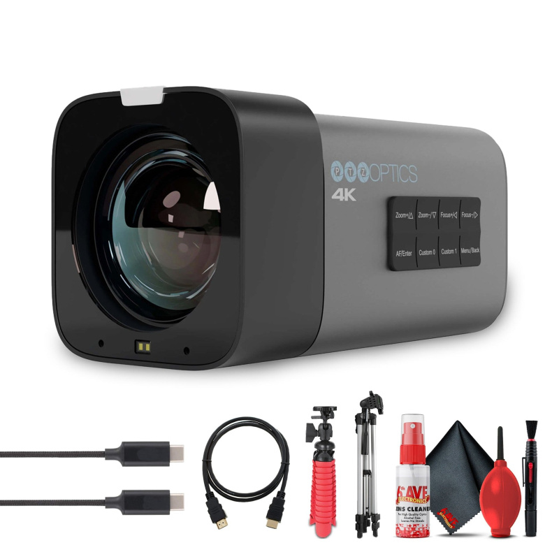 PTZOptics 4K Camera Gray | 20x Zoom, UHD60, NDI|HX2, Long-Range IP Streaming - Bundle