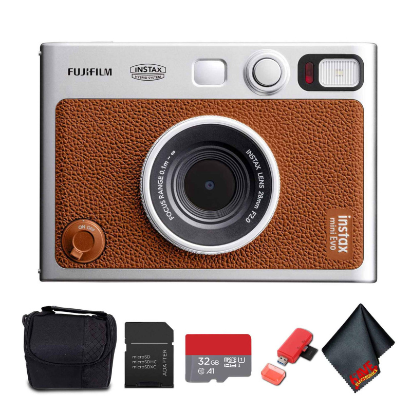 Fujifilm Instax Mini EVO Hybrid Instant Camera (Brown) with Micro SD to SD Adapter