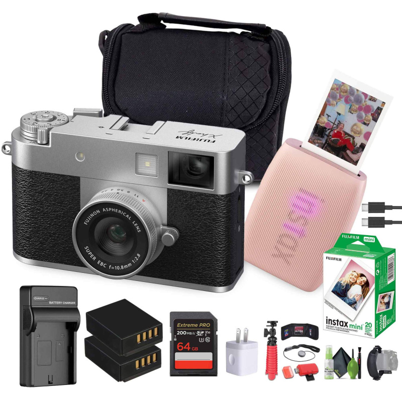 FUJIFILM X Digital Camera (Silver), MINI LINK 3 Smartphone Printer(Rose Pink)