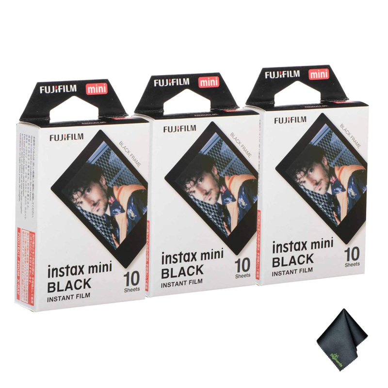 3xFUJIFILM INSTAX MINI Black Instant Film (10 Exposures), Microfiber Cleaning Cloth, Bundle