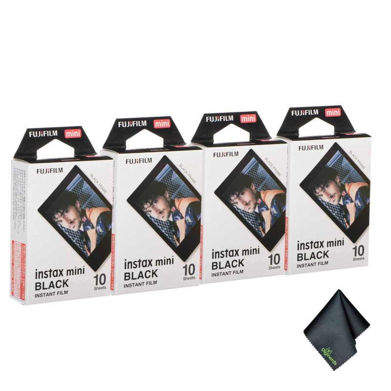 4xFUJIFILM INSTAX MINI Black Instant Film (10 Exposures), Microfiber Cleaning Cloth, Bundle