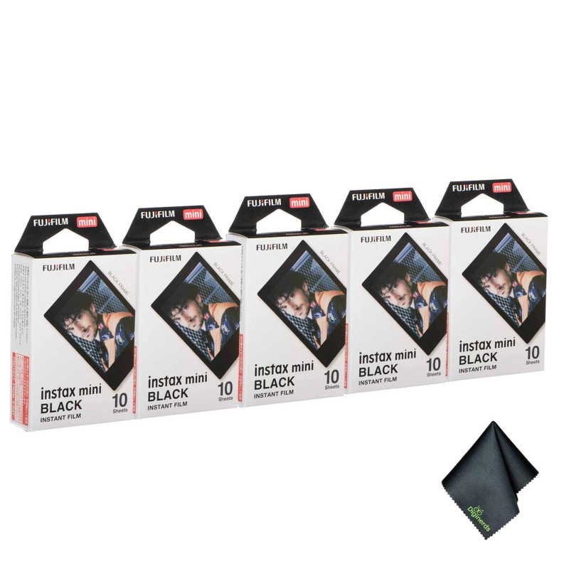 5xFUJIFILM INSTAX MINI Black Instant Film (10 Exposures), Microfiber Cleaning Cloth, Bundle