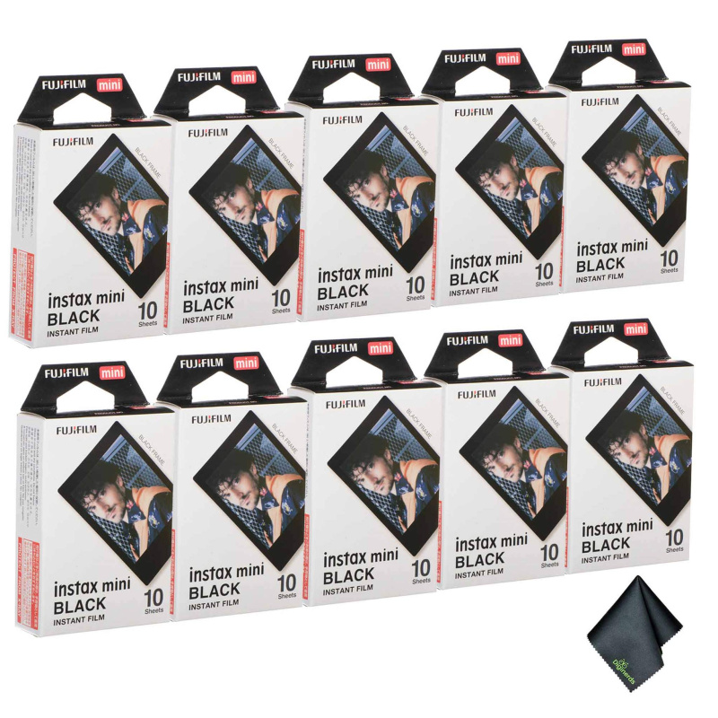 10xFUJIFILM INSTAX MINI Black Instant Film (10 Exposures), Microfiber Cleaning Cloth, Bundle