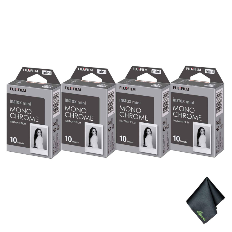 4xFUJIFILM INSTAX MINI Monochrome Instant Film (10 Exposures), Microfiber Cleaning Cloth, Bundle