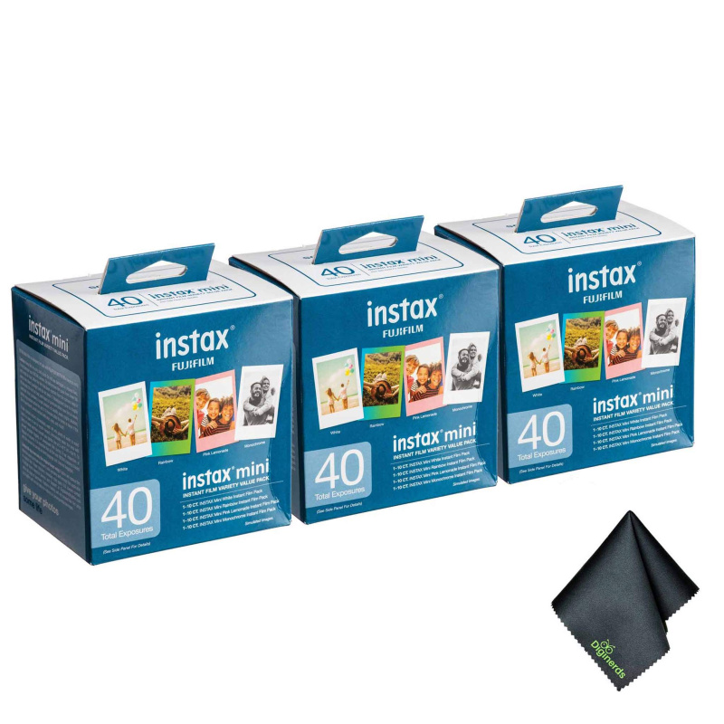 3xFUJIFILM INSTAX MINI Instant Film Variety Value Pack (40 Exposures), Microfiber Cleaning Cloth, Bundle