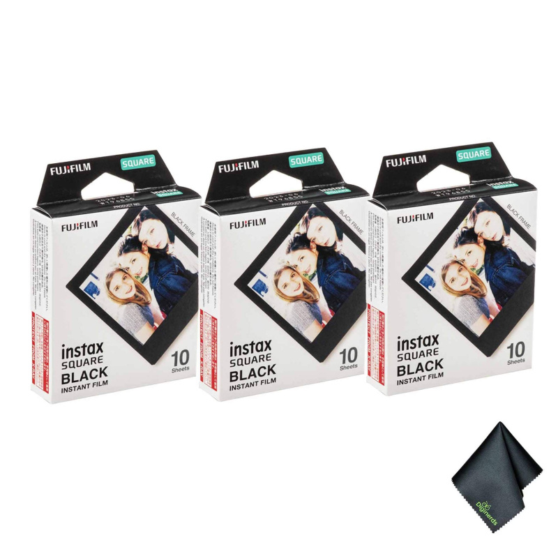 3xFUJIFILM INSTAX SQUARE Black Instant Film (10 Exposures), Microfiber Cleaning Cloth, Bundle