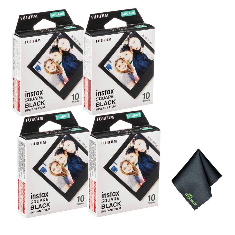 4xFUJIFILM INSTAX SQUARE Black Instant Film (10 Exposures), Microfiber Cleaning Cloth, Bundle