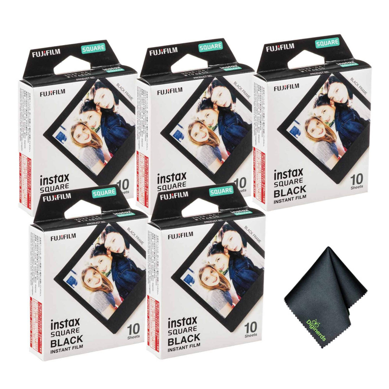 5xFUJIFILM INSTAX SQUARE Black Instant Film (10 Exposures), Microfiber Cleaning Cloth, Bundle