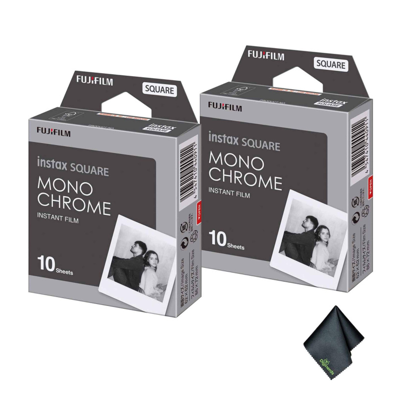2xFUJIFILM INSTAX SQUARE Monochrome Instant Film (10 Exposures), Microfiber Cleaning Cloth, Bundle