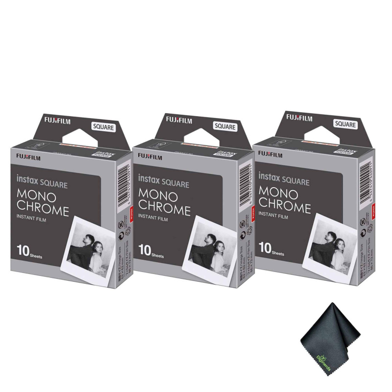 3xFUJIFILM INSTAX SQUARE Monochrome Instant Film (10 Exposures), Microfiber Cleaning Cloth, Bundle