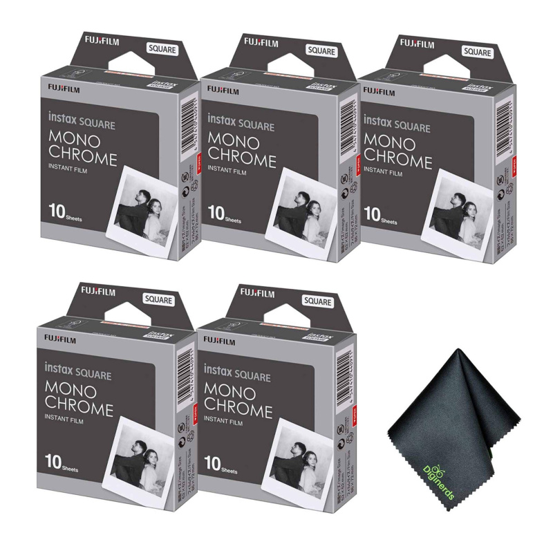5xFUJIFILM INSTAX SQUARE Monochrome Instant Film (10 Exposures), Microfiber Cleaning Cloth, Bundle