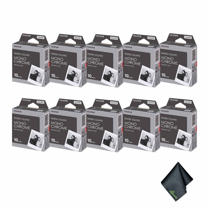10xFUJIFILM INSTAX SQUARE Monochrome Instant Film (10 Exposures), Microfiber Cleaning Cloth, Bundle