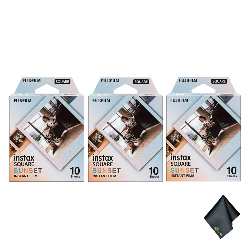 3xFUJIFILM INSTAX SQUARE Sunset Instant Film, Microfiber Cleaning Cloth, Bundle