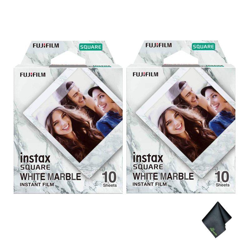2xFUJIFILM INSTAX SQUARE White Marble Instant Film (10 Exposures), Microfiber Cleaning Cloth, Bundle