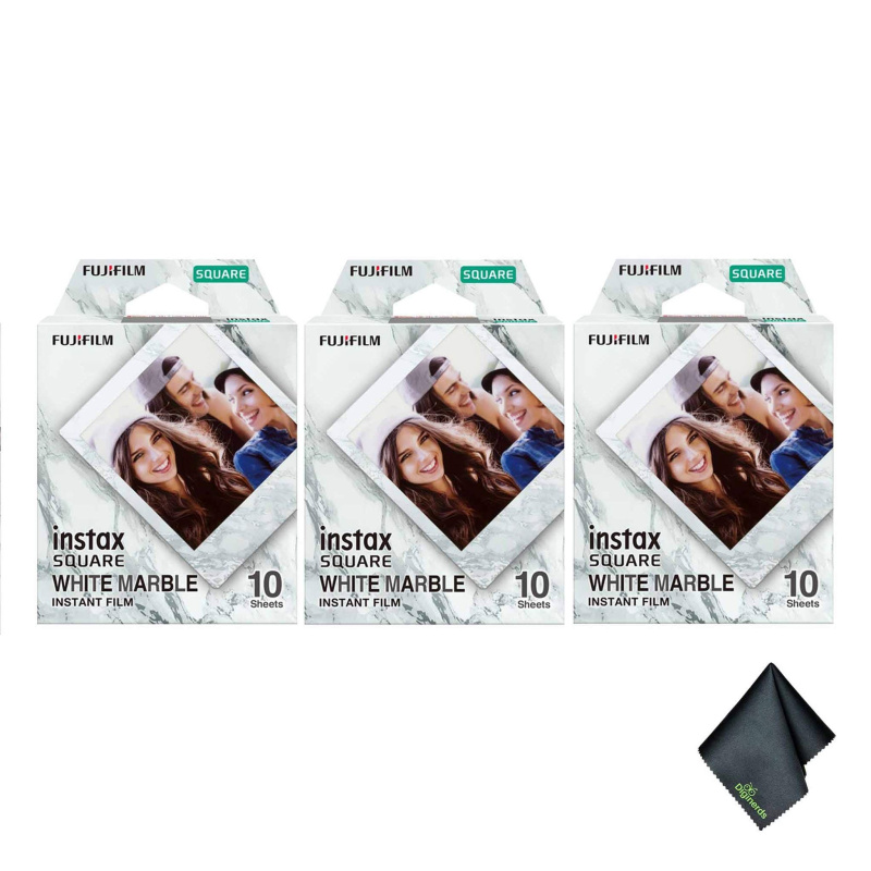 3xFUJIFILM INSTAX SQUARE White Marble Instant Film (10 Exposures), Microfiber Cleaning Cloth, Bundle