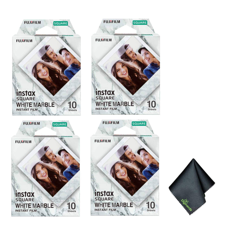 4xFUJIFILM INSTAX SQUARE White Marble Instant Film (10 Exposures), Microfiber Cleaning Cloth, Bundle