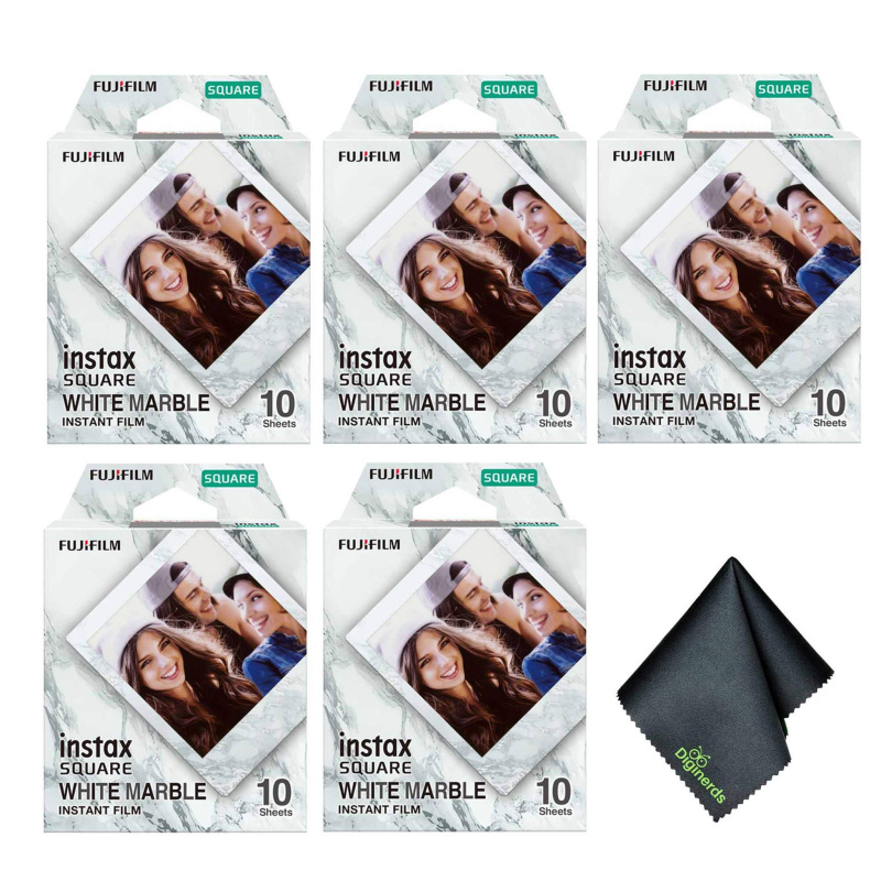 5xFUJIFILM INSTAX SQUARE White Marble Instant Film (10 Exposures), Microfiber Cleaning Cloth, Bundle