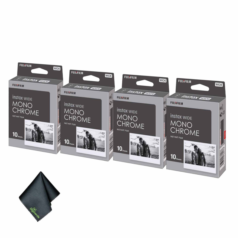 4xFUJIFILM INSTAX Wide Monochrome Instant Film (10 Exposures), Microfiber Cleaning Cloth, Bundle