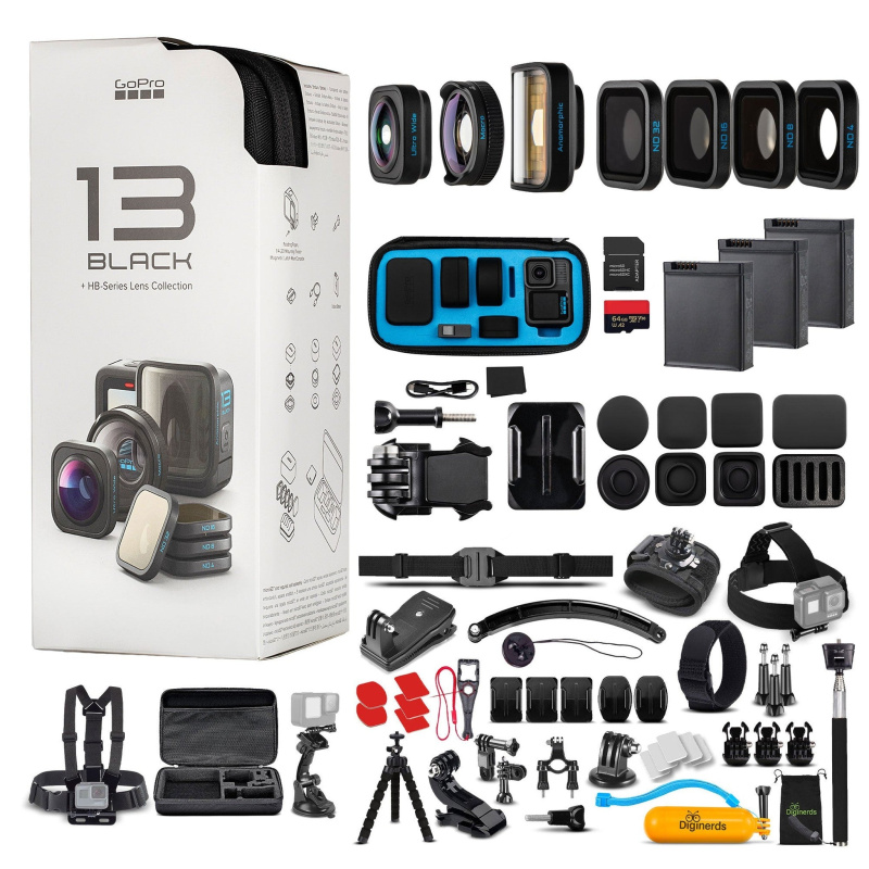 GoPro HERO13 Black with HB-Series Lens Collection - Action Camera + 64GB Card, 50 Piece Accessory Kit and 2 Batteries