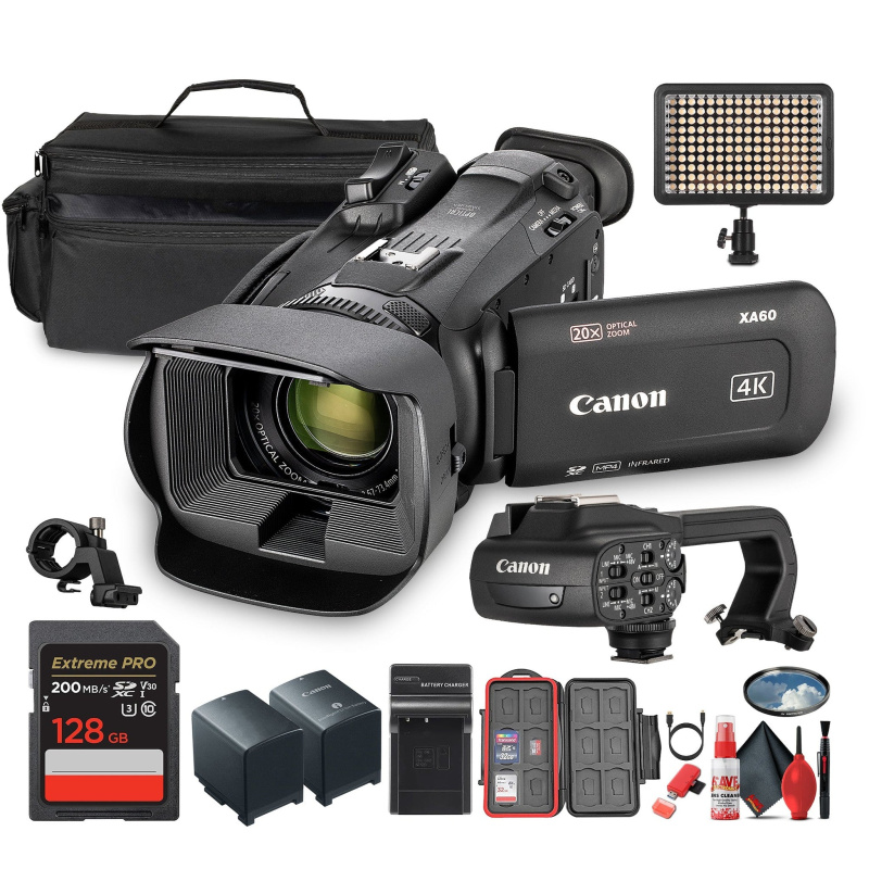 Canon XA60 PAL Professional UHD 4K Camcorder + 128GB SD Card + LED Light + More (Bundle) (International Model)