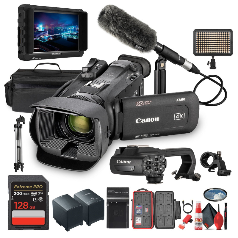 Canon XA60 PAL Professional UHD 4K Camcorder + Microphone + 7" Monitor + More (Bundle) (International Model)