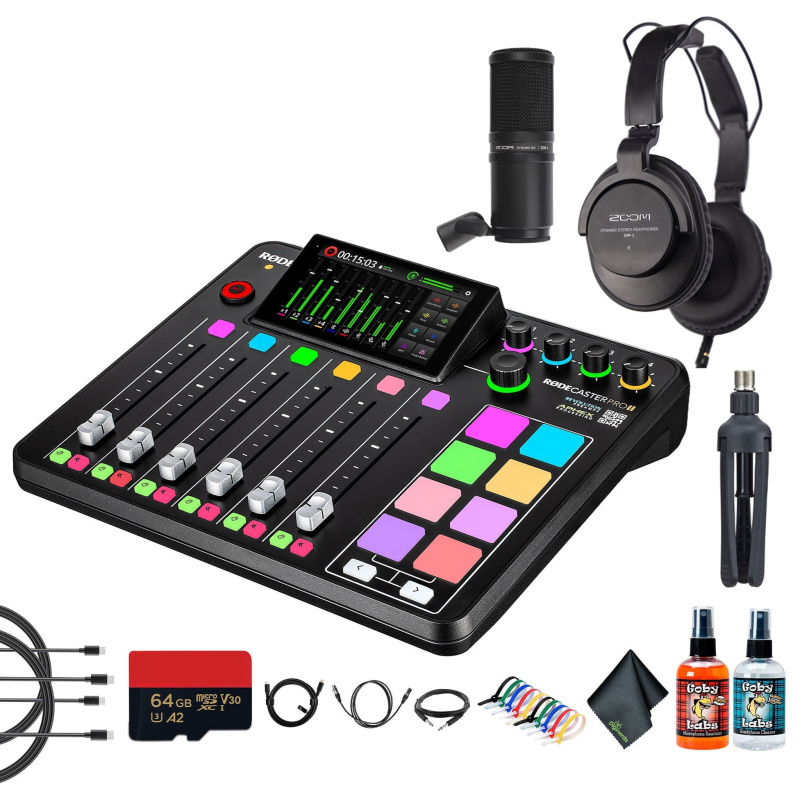 RODE RODECaster Pro II + Headphones + Podcast Microphone + 64GB Micro SD + More (Bundle)
