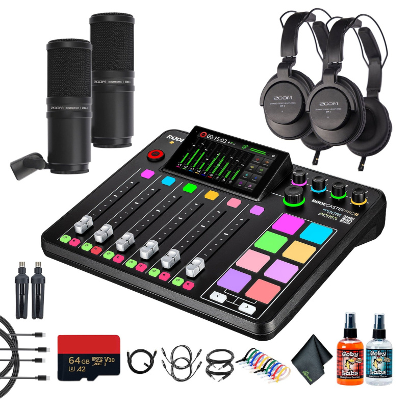 RODE RODECaster Pro II + Headphones + Podcast Microphone + 64GB Micro SD + More (Bundle)