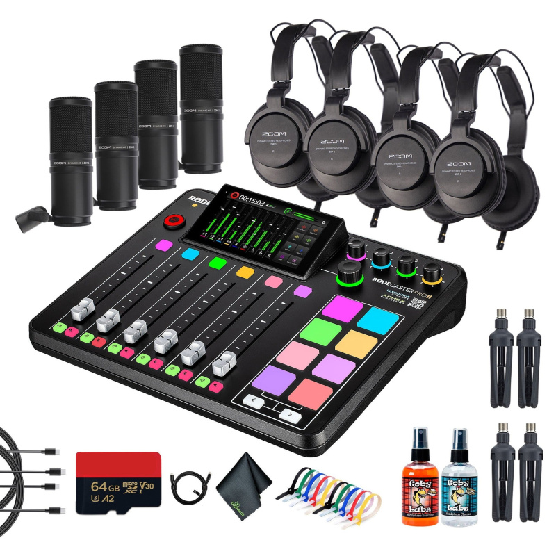 RODE RODECaster Pro II + Headphones + Podcast Microphone + 64GB Micro SD + More (Bundle)