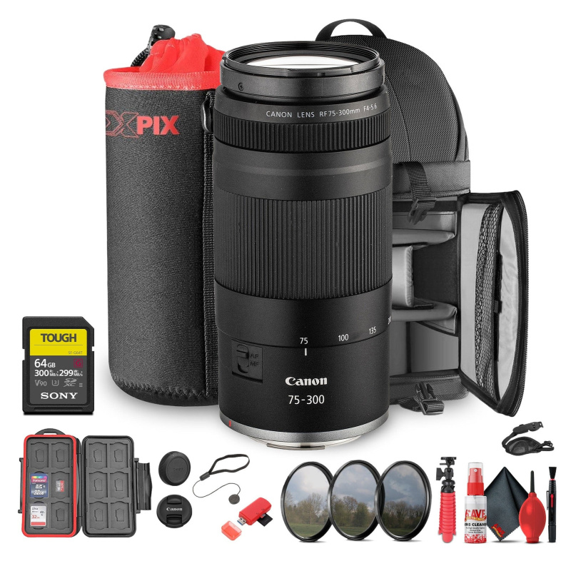 Canon RF 75-300mm F4-5.6 Lens + 58mm 3 PC Filter Kit + Sling Backpack + More (Bundle) (International Model)