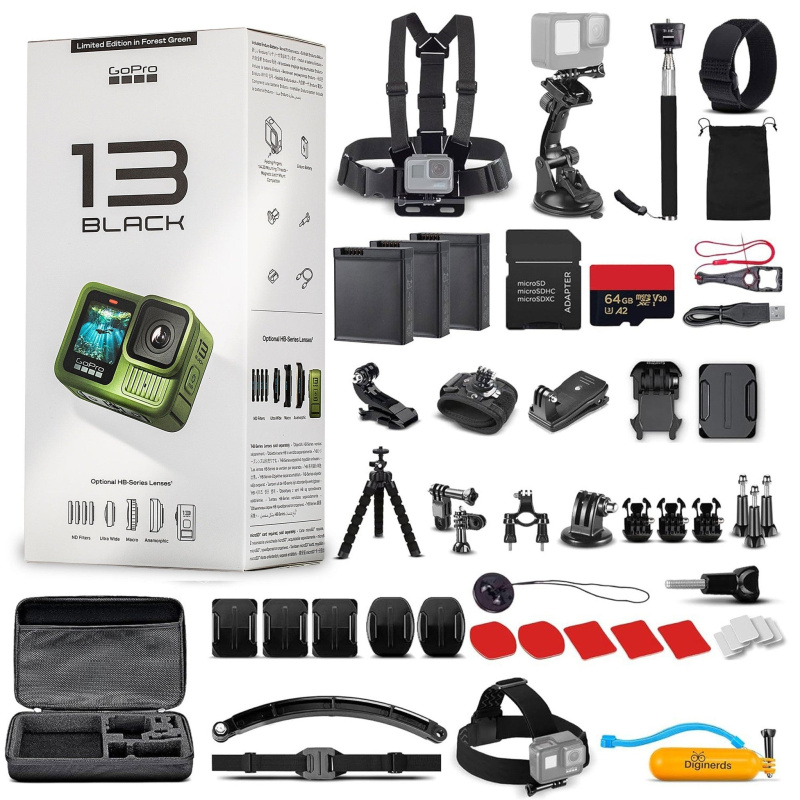 GoPro HERO13 (Forest Green) - Action Camera + 64GB Card, 50 Piece Accessory Kit and 2 Batteries