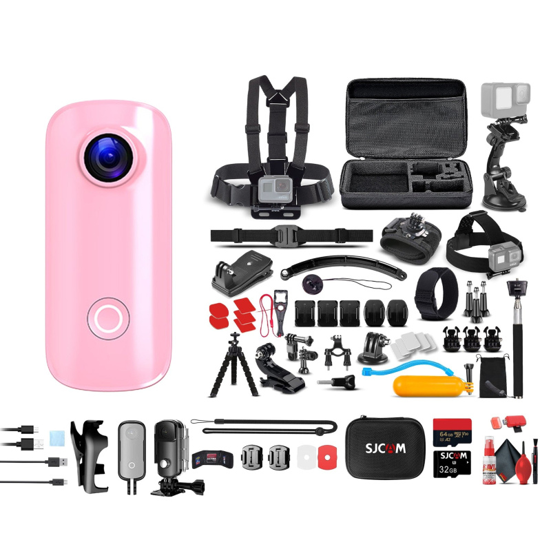 SJCAM C100 Plus Action Camera (Pink) Bundle