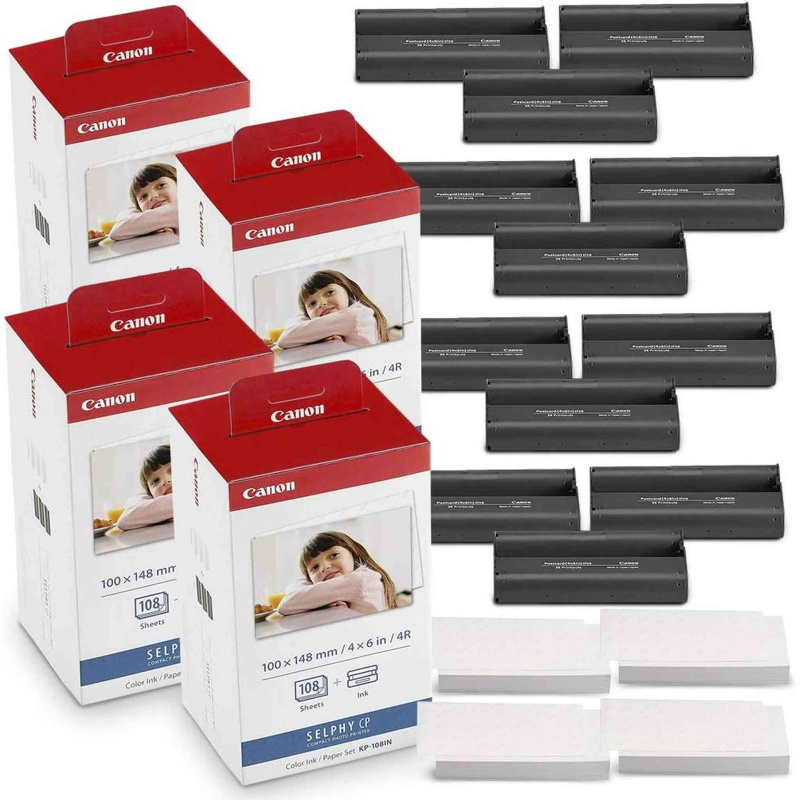 Canon KP-108IN Color Ink and Paper Set Includes Total of 432 Sheets and 12 Ink Cartridges and Fibertique Cleaning Cloth (International Model)