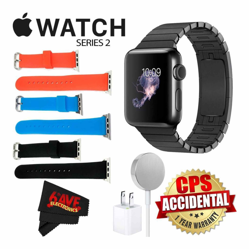 6Ave Apple Watch Series 2 38mm Smartwatch (Space Black Stainless Steel Case, Space Black Link Band) + Watch Band Black 38mm + Watch Band Red 38mm + Wa