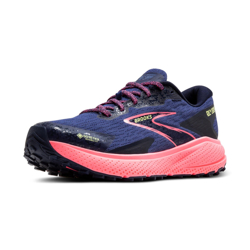 Brooks Women’s Divide 5 GTX Waterproof Trail Running Shoe - Grey Blue/Pink/Lime - 7.5 Medium