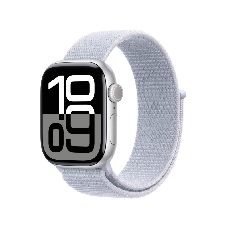 Apple Watch Series 10 [GPS 42mm case] Smartwatch with Silver Aluminium Case with Blue Cloud Sport Loop. Fitness Tracker, ECG App, Always-On Retina Dis