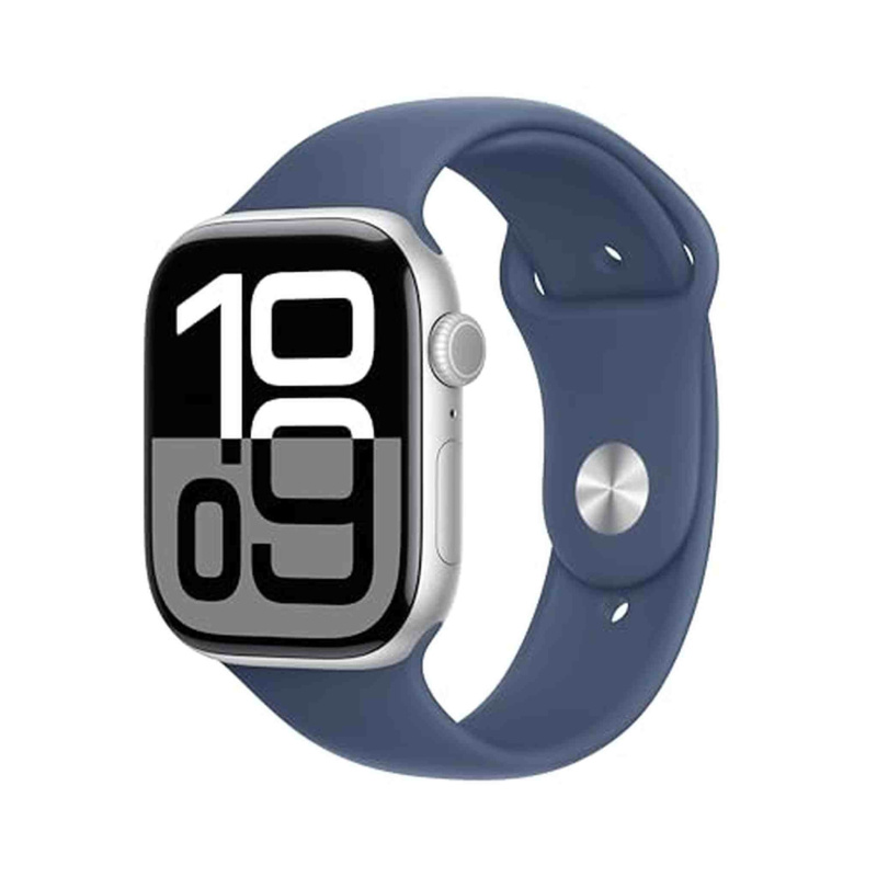 Apple Watch Series 10 [GPS 46mm case] Smartwatch with Silver Aluminium Case with Denim Sport Band - M/L. Fitness Tracker, ECG App, Always-On Retina Di