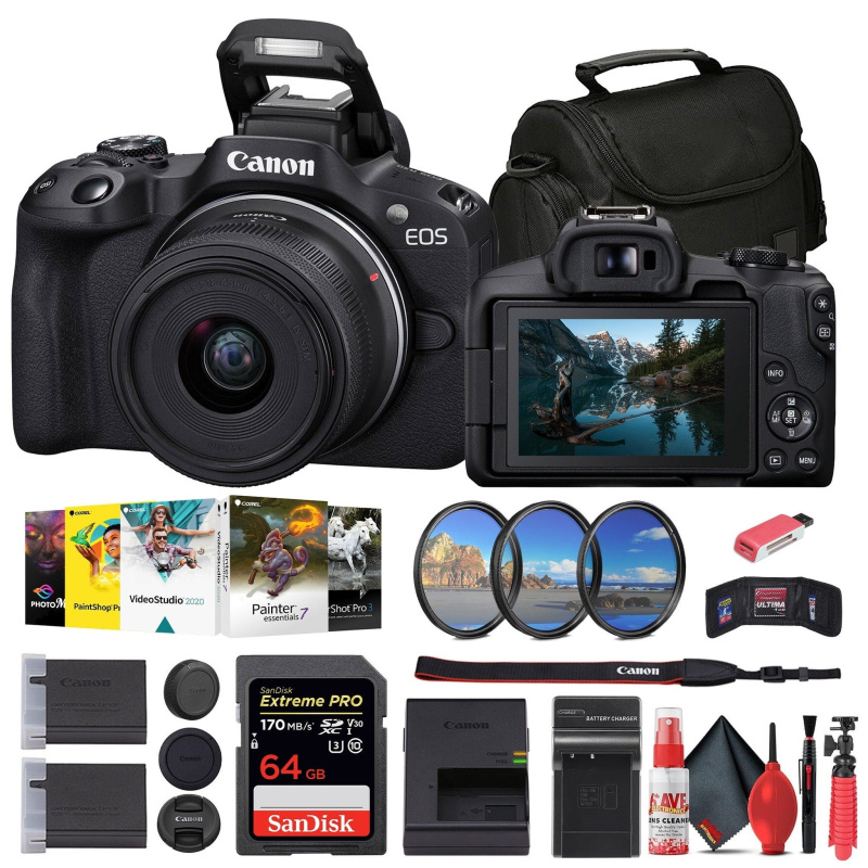 Canon EOS R50 Mirrorless Camera with 18-45mm Lens + 64GB Card + Bag + More (International Model)
