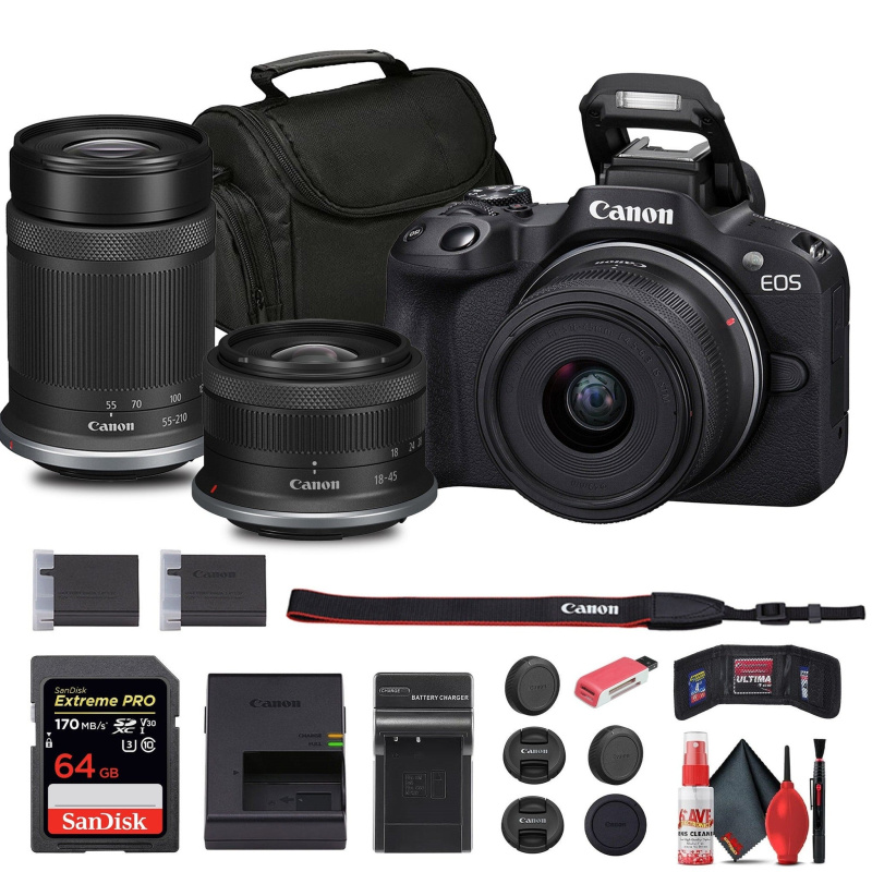 Canon EOS R50 Mirrorless Camera with 18-45mm and 55-210mm Lenses+ 64GB Card + Bag + Charger + More (International Model)